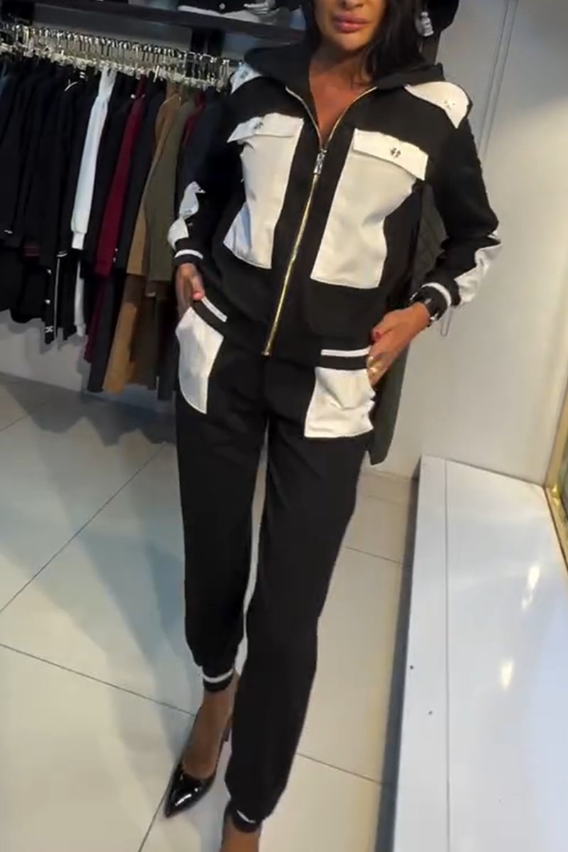 Women's Casual Contrast Pocket Hooded Pants Suit