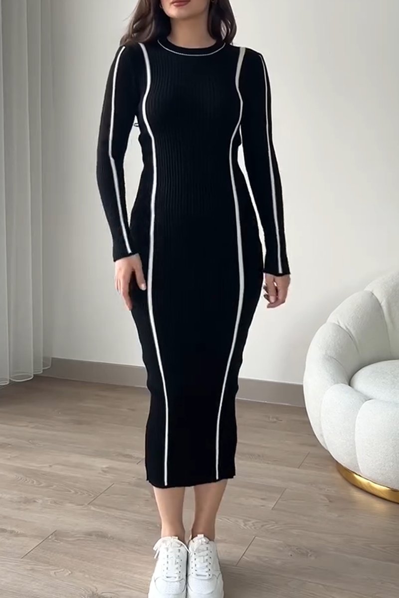 Women's Elegant Knit Color Matching Dress Black