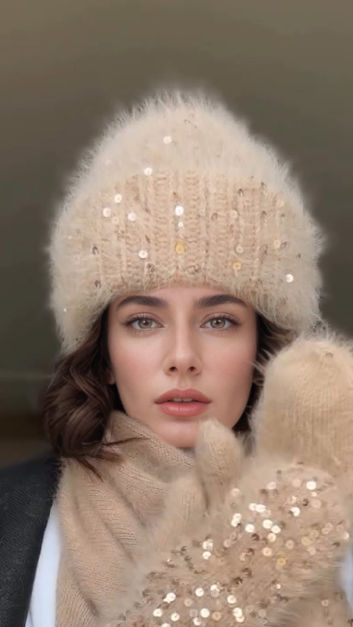 Women's Sequined Fashion Casual Autumn and Winter Knitted Hat + Gloves apricot M hat