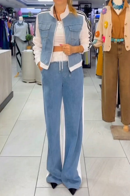 Women's Casual Denim Patchwork Two-piece Pant Suit