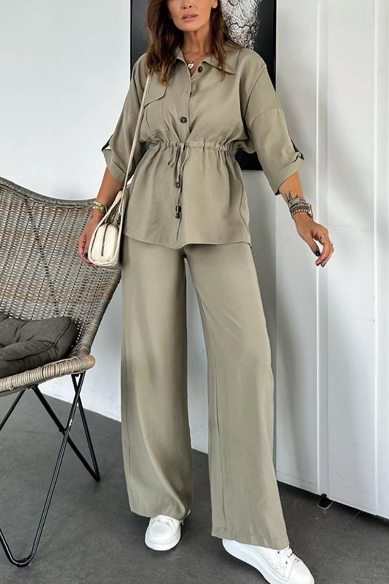 Women's solid color drawstring shirt and trousers set Light green