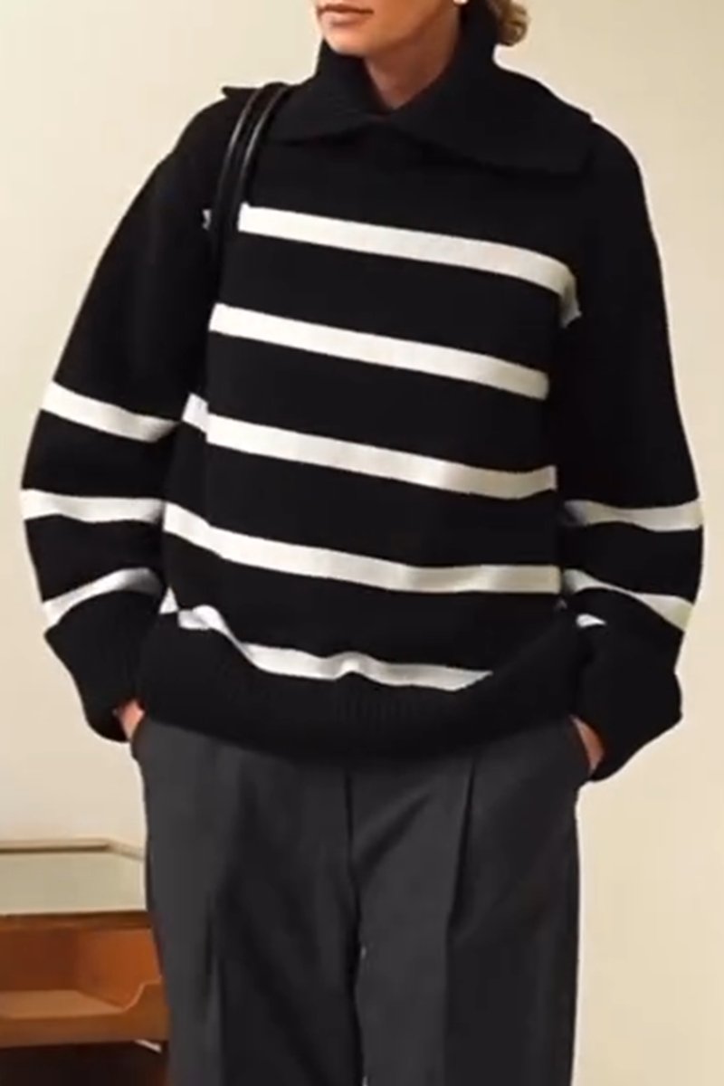 Roll-neck black and white striped sweater black