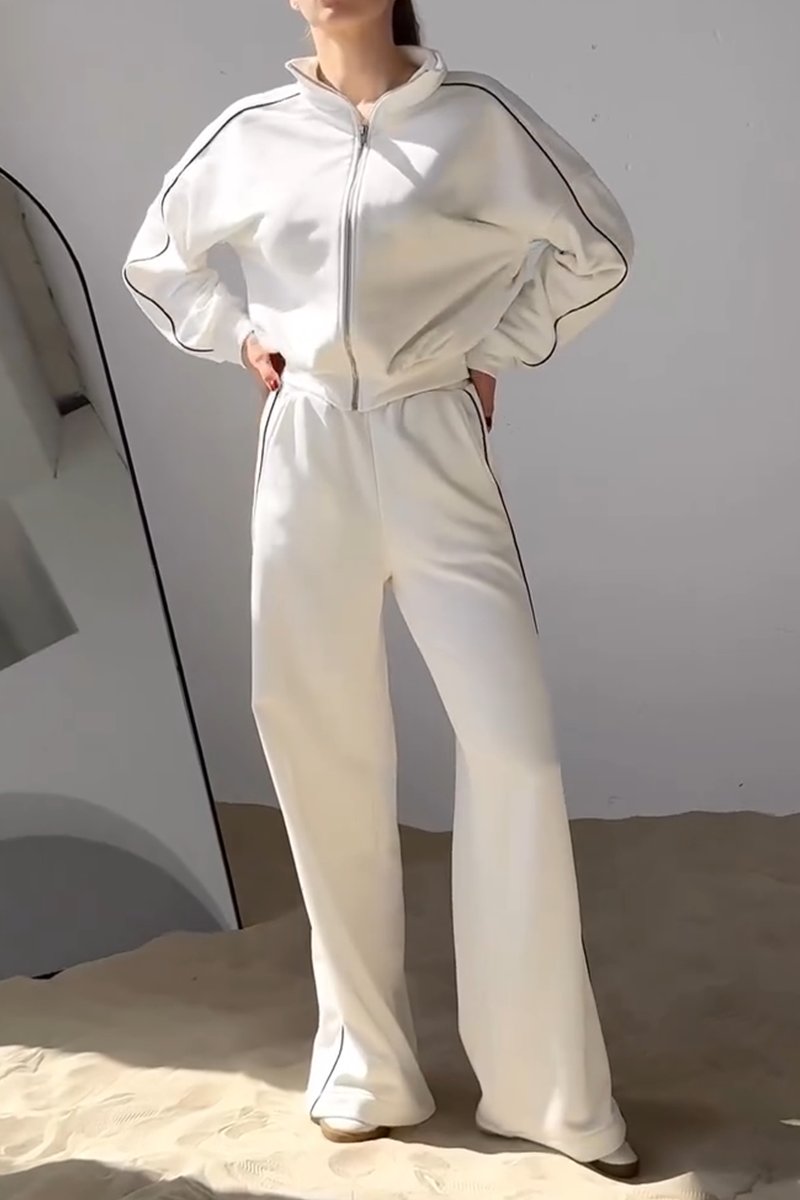 Women's Casual Contrast Color Two-Piece Pants Suit White