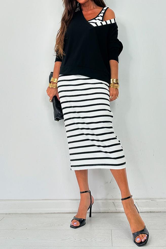 Women's casual off-the-shoulder striped dress set White