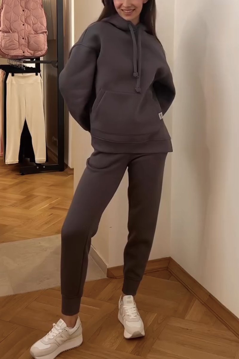 Women's solid color hooded pullover pants set