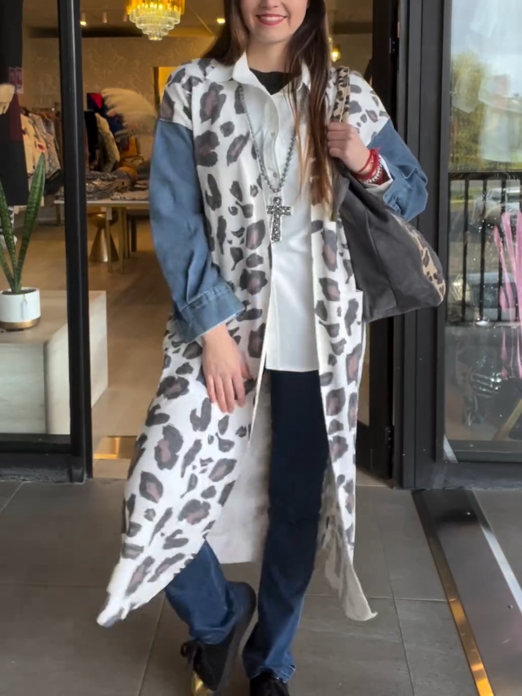 Women's Leopard Print Knitted Patchwork Long Jacket