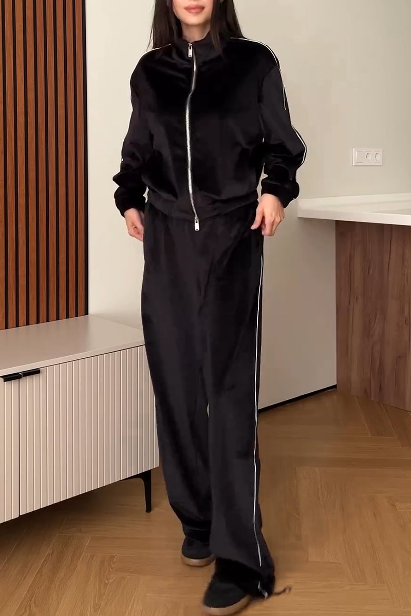 Women's Casual Sports Two-piece Pants Suit Black