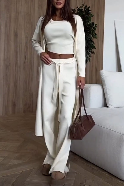 Women's solid color knitted three-piece suit White