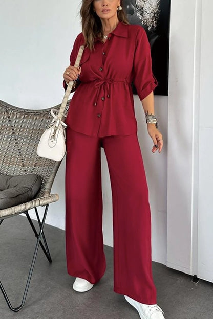 Women's solid color drawstring shirt and trousers set Red