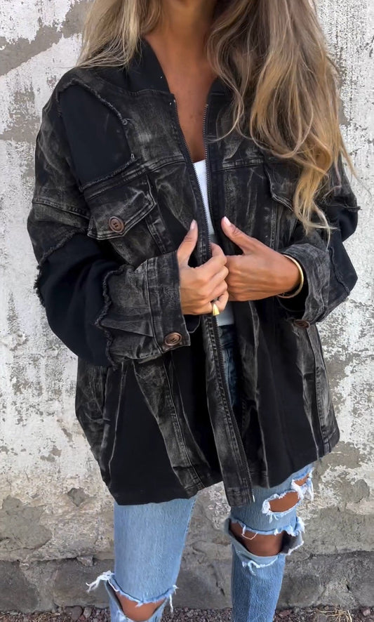 Hooded Zipped Denim Jacket black