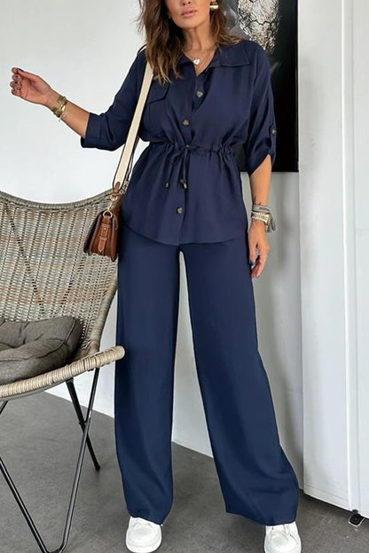 Women's solid color drawstring shirt and trousers set Navy blue