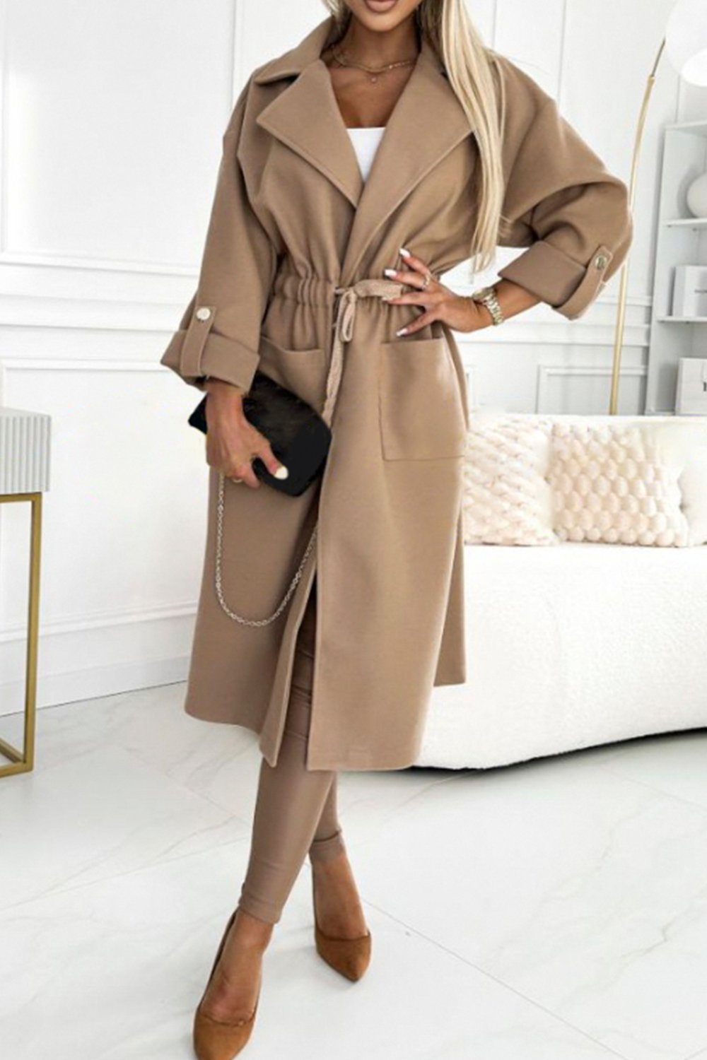 Women's Solid Color Large Lapel Waist Long Coat