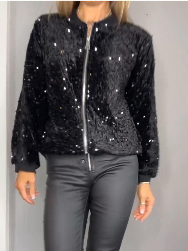 Women's Sequined Casual Coat + Sequined Skirt black Tops