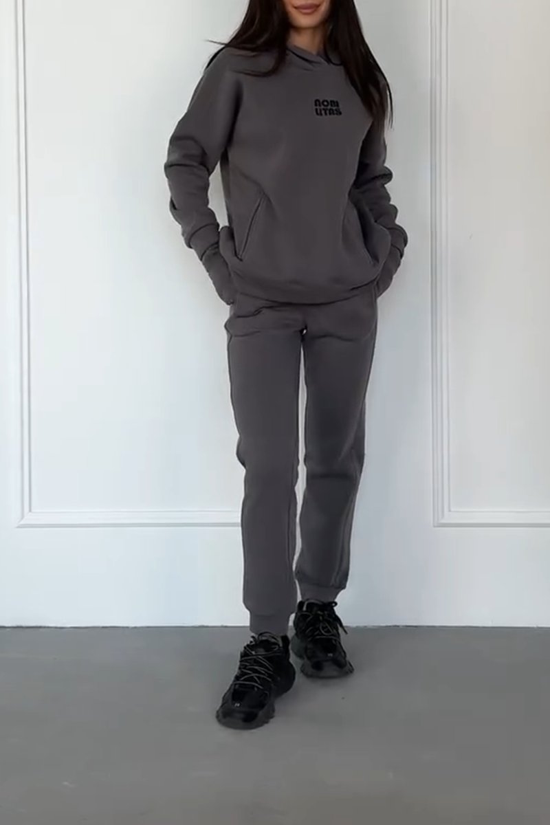 Casual solid color sweatshirt set gray