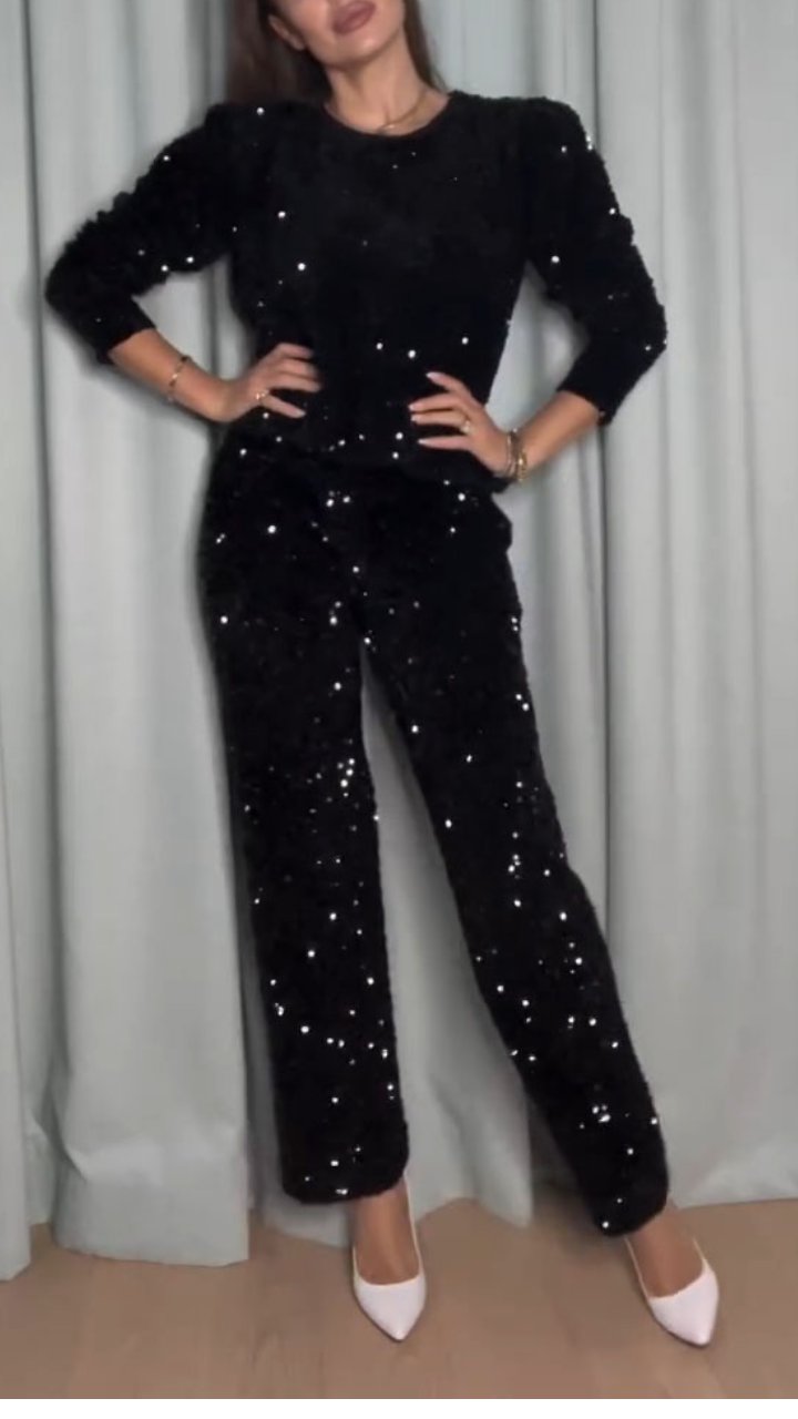 Women's Round Neck Sequined Top and Trousers Set