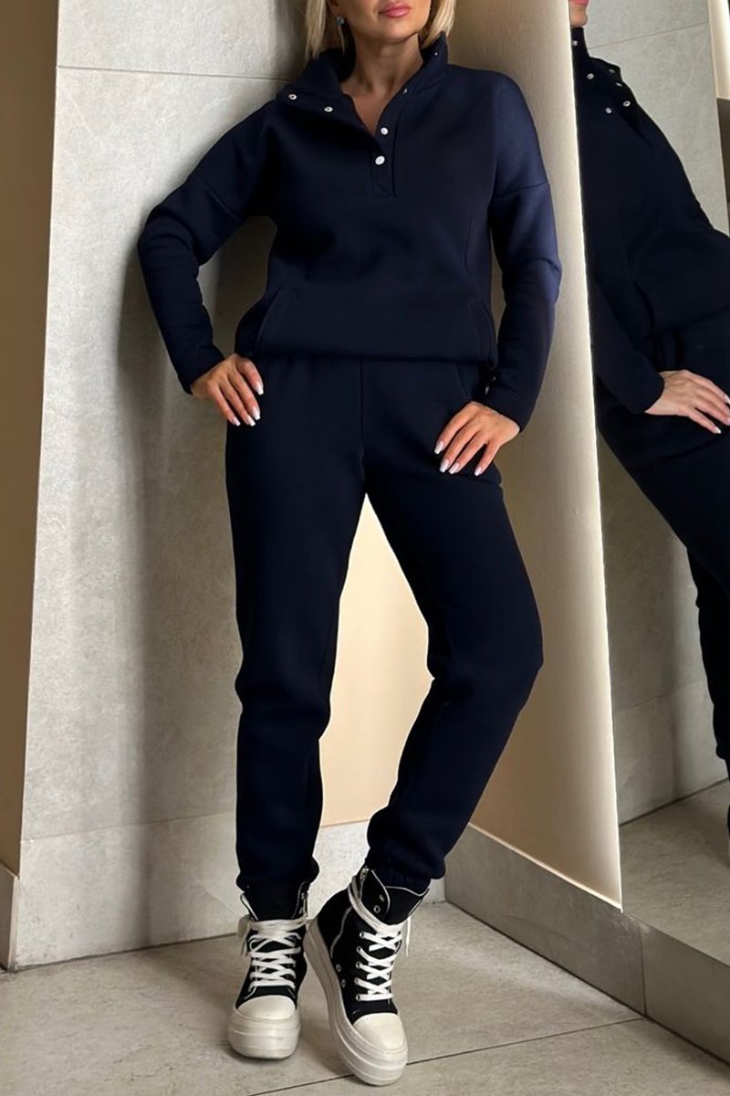 Women's casual half-button sports sweatshirt suit Dark Blue