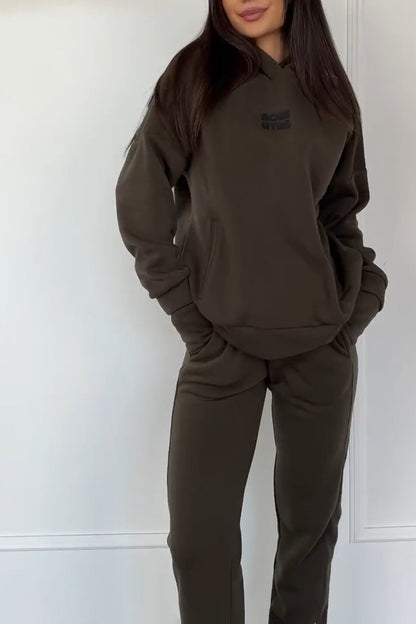 Casual solid color sweatshirt set army green