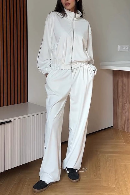 Women's Casual Sports Two-piece Pants Suit White