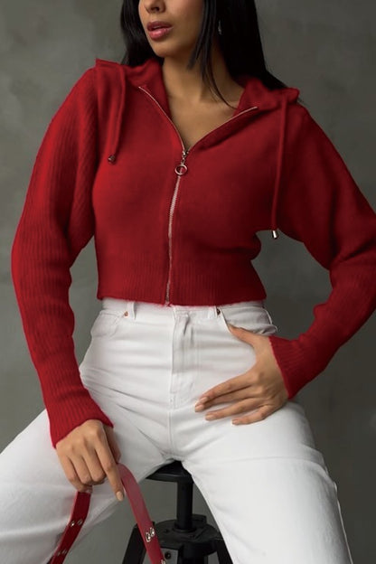 Women's solid color knitted zipper cardigan Wine