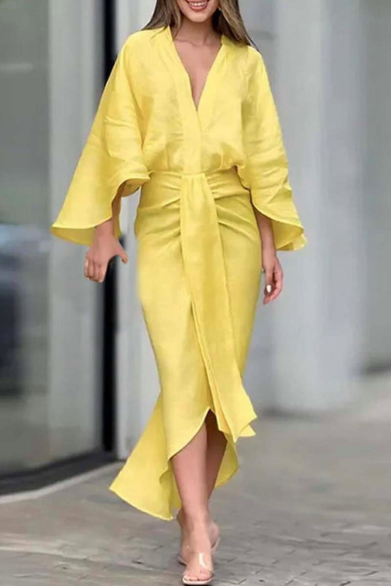 Fashionable and elegant solid color fishtail dress Yellow