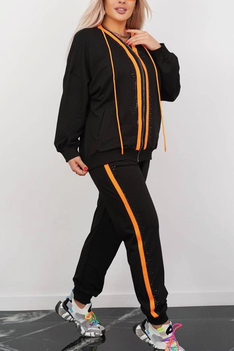 Women's Contrast Zipper Hoodies Webbed Pants Set