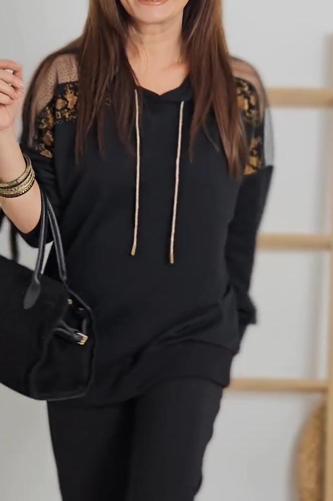 Women's Casual Shoulder Web Lace Spliced Hooded Sweatshirt Two Piece Set black-gold