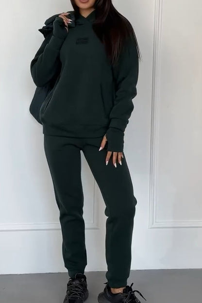 Casual solid color sweatshirt set dark green