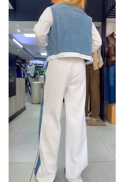 Women's Casual Denim Patchwork Two-piece Pant Suit