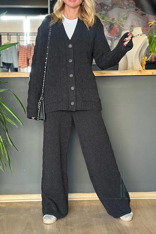 Women's casual texture v-neck knitted jacket suit black