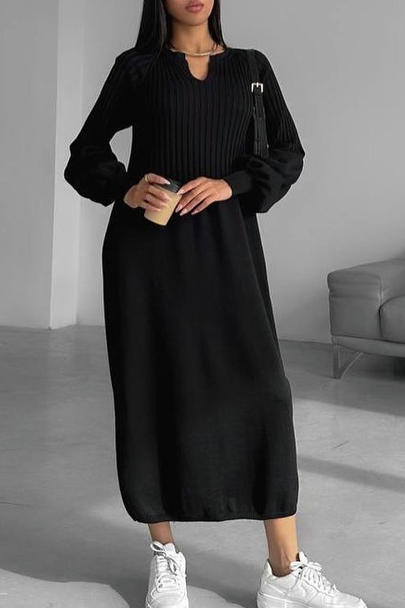 Women's solid color knitted long sleeve maxi dress Black