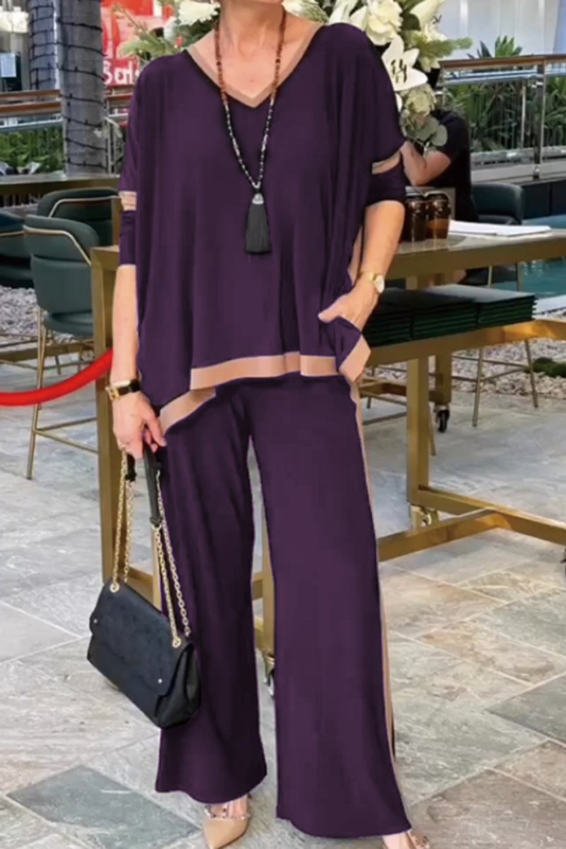 Summer V-neck patchwork 3/4 sleeve two-piece suit Purple