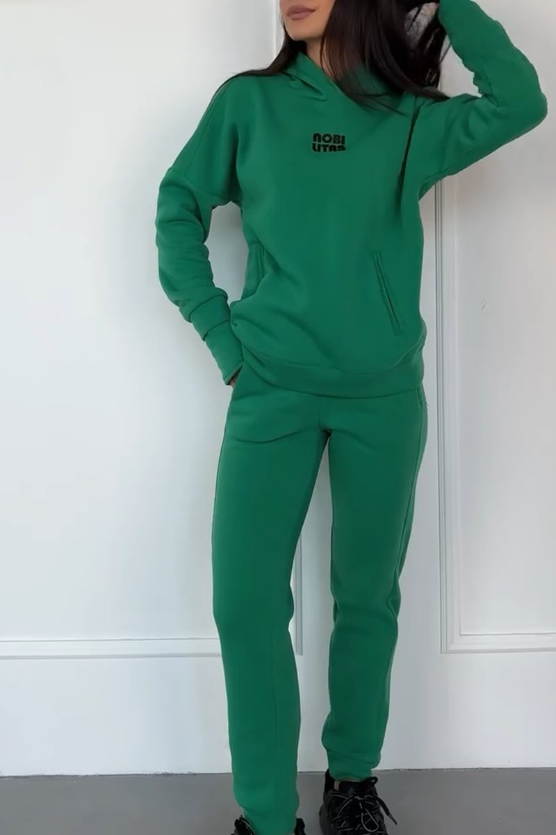 Casual solid color sweatshirt set green