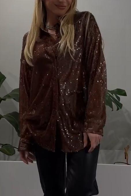 Women's Casual Solid Color V-neck Sequined Shirt