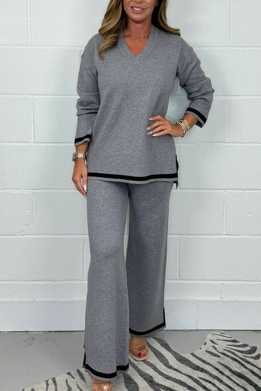 Women's V-Neck Soft Knit Border Edge Trouser Co-Ord Gray