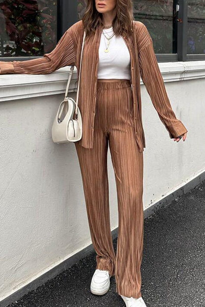 Women's casual loose pleated solid color suit Khaki