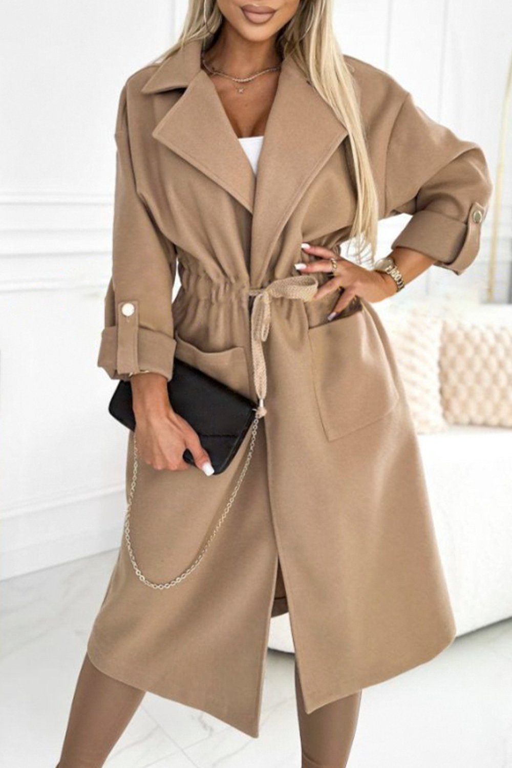 Women's Solid Color Large Lapel Waist Long Coat khaki