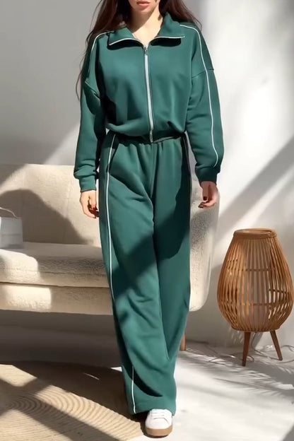 Women's Casual Contrast Color Two-Piece Pants Suit Green