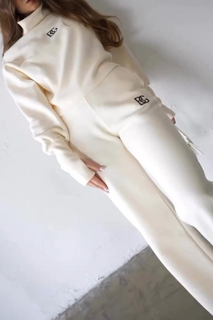 Women's letter embroidered sleeves slimming sweatshirt suit off-white