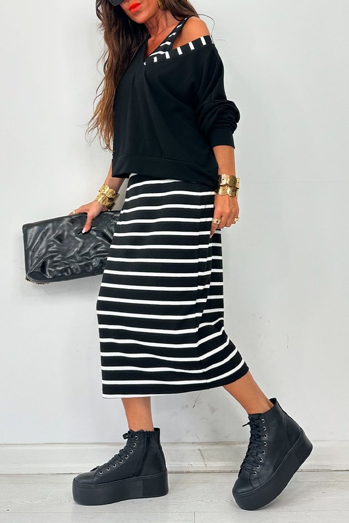 Women's casual off-the-shoulder striped dress set black