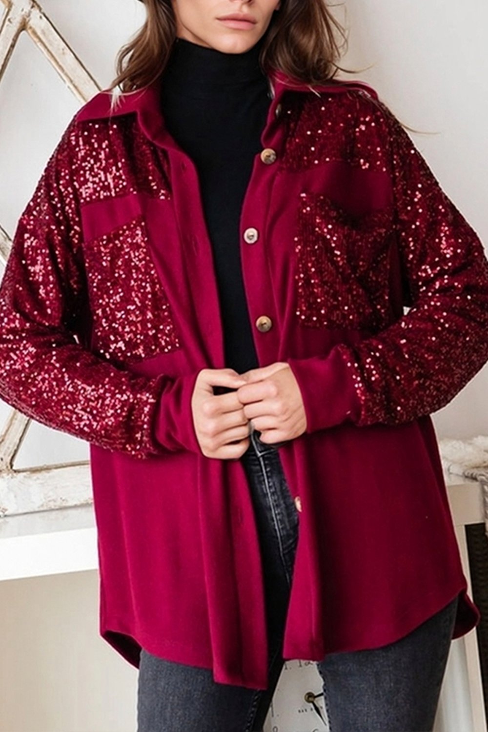 Women's Casual Solid Color Sequined Patchwork Shirt burgundy