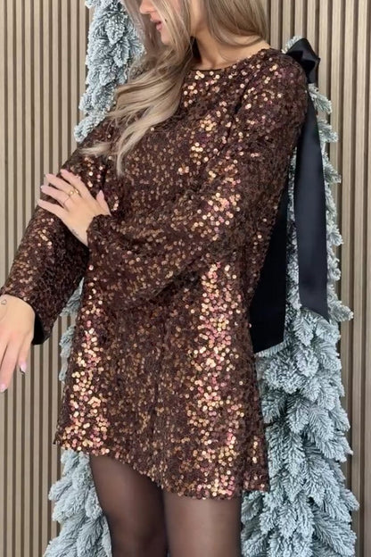 Women's Back Dow Embellished Elegant Sequin Dress Coffee color