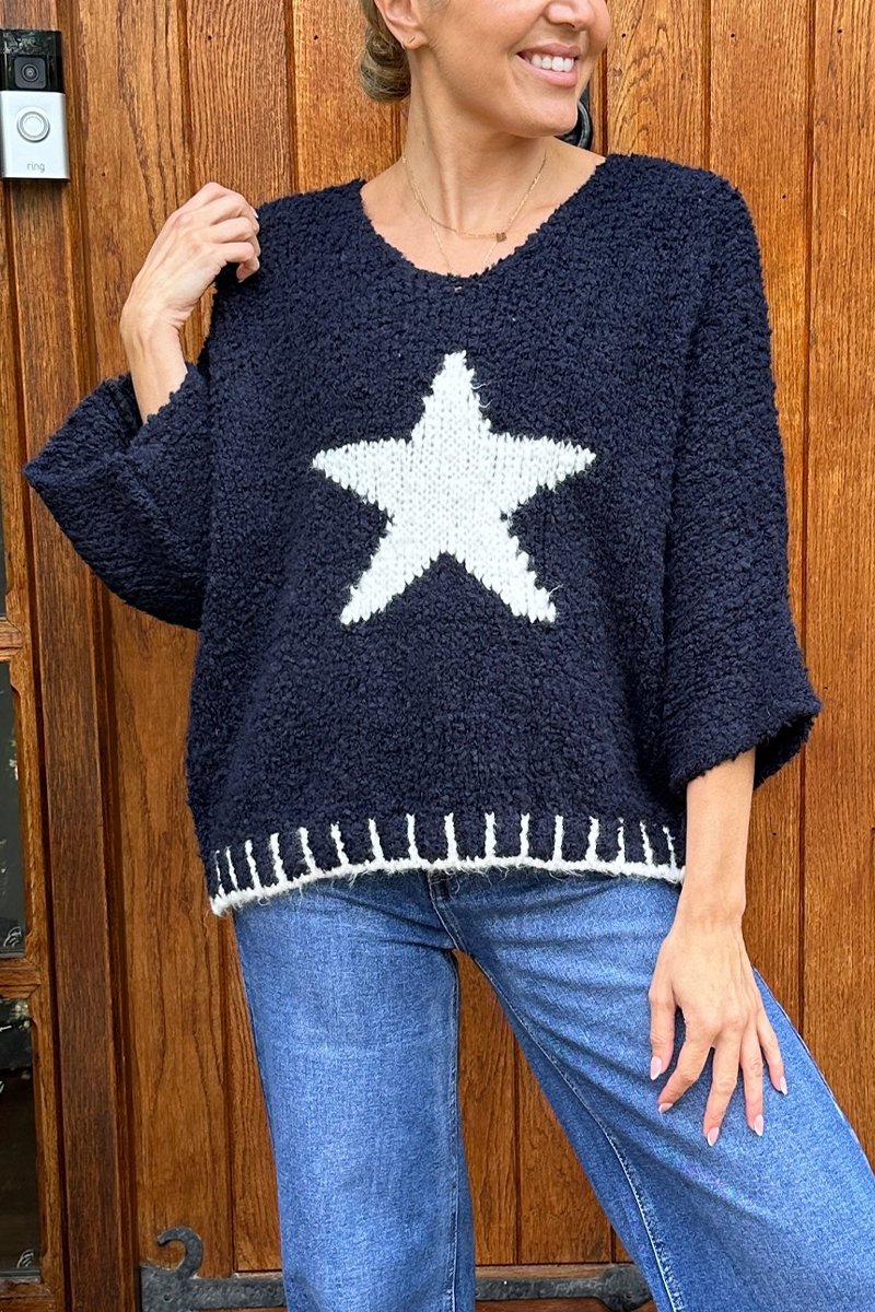 Women's Knitted Star Contrast Pullover Sweater Navy