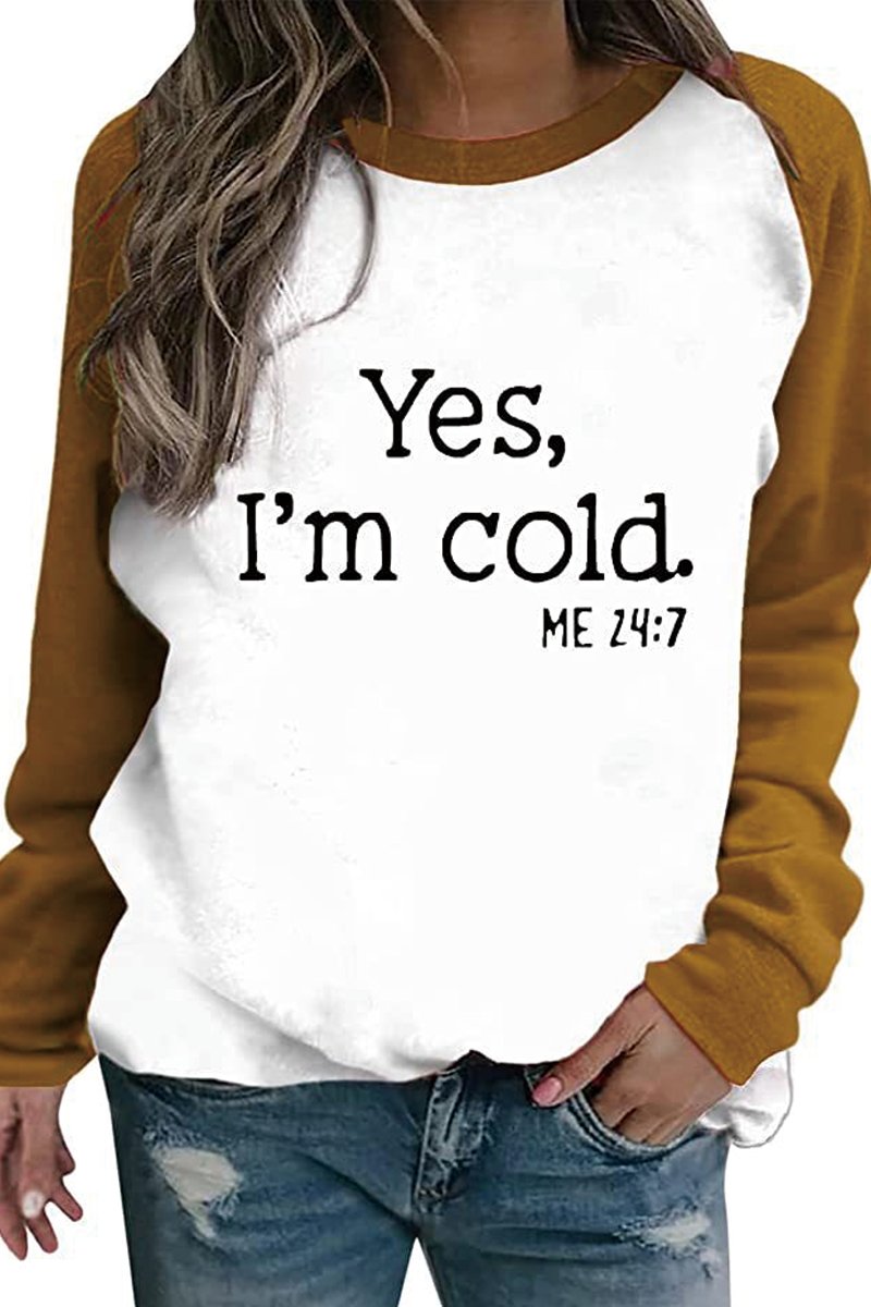 Women's YES I'M COLD Raglan Crew Neck T-shirt Khaki