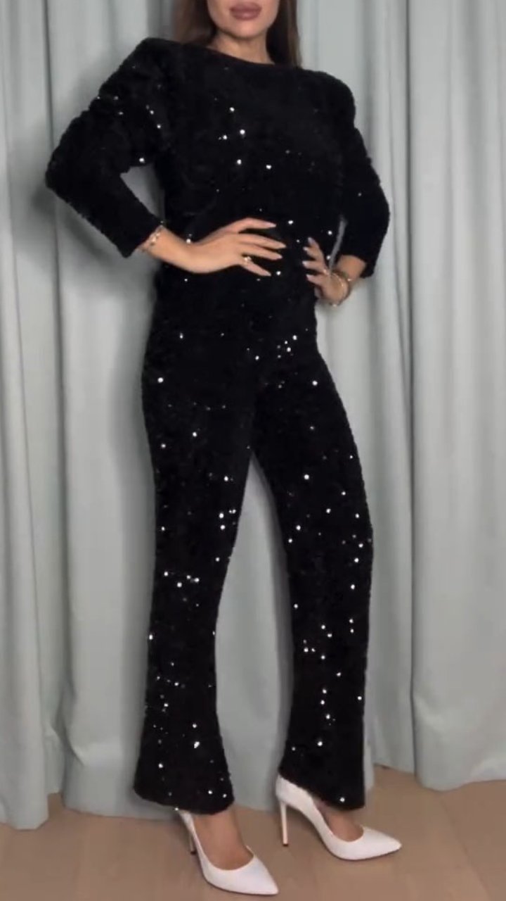 Women's Round Neck Sequined Top and Trousers Set