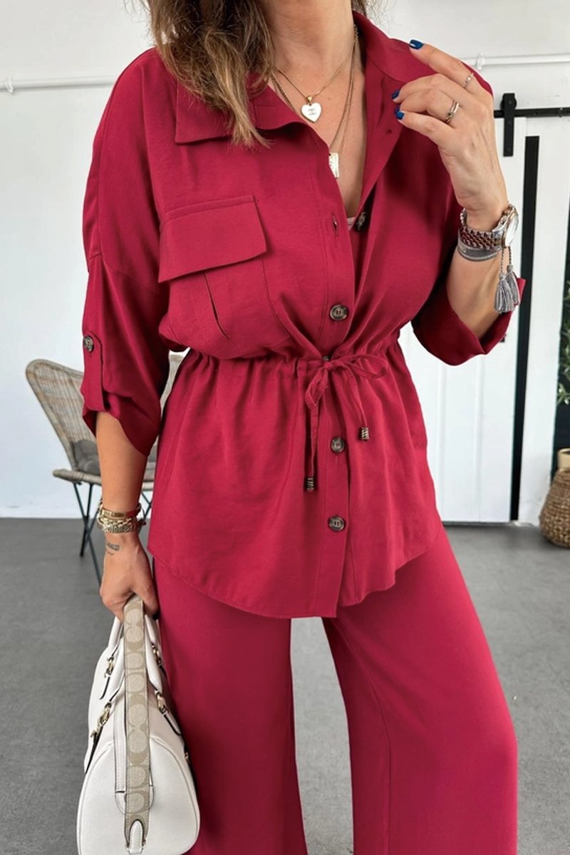 Women's solid color drawstring shirt and trousers set