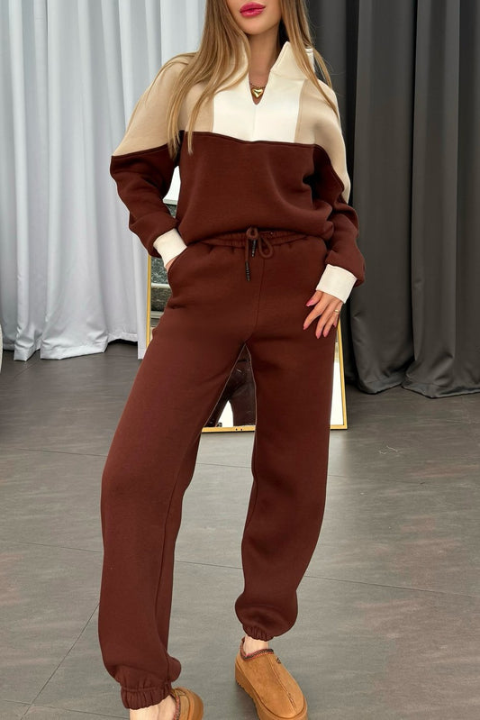 Women's casual v-neck contrast patchwork sweatshirt suit brown