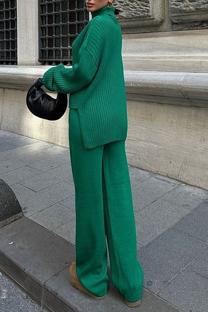 Women's turtleneck irregular hem sweater suit green