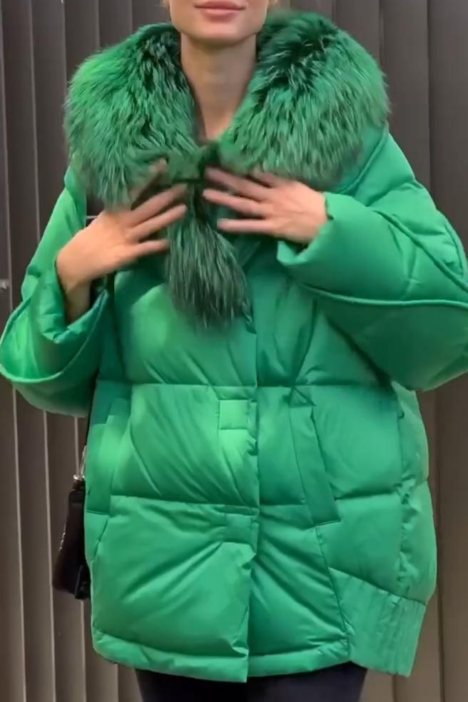 Ladies Casual Large Fur Collar Warm Cotton Coat green