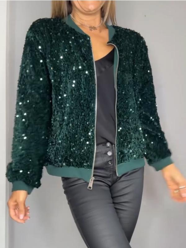 Women's Sequined Casual Coat + Sequined Skirt green Tops