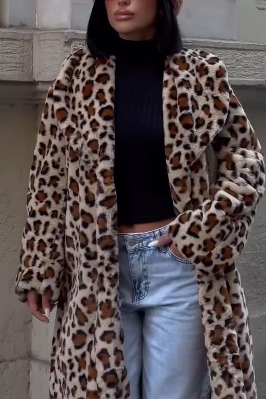 Ladies casual warm lapel leopard print coat